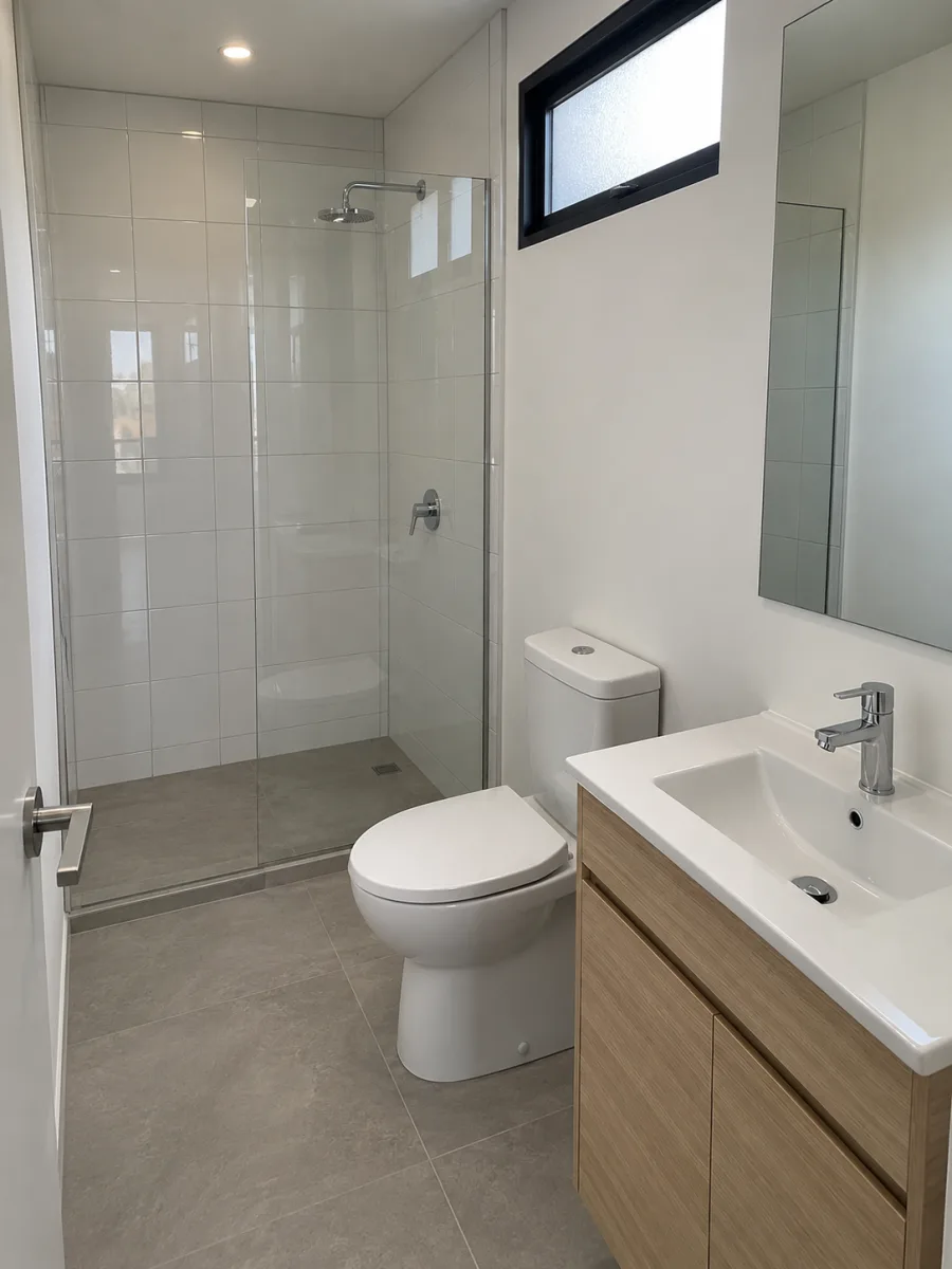 Baño terminado dentro de una casa container en Calamuchita