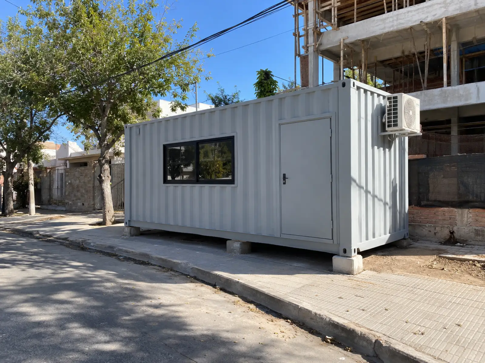 Oficina de contenedor junto a una obra en una calle de Córdoba