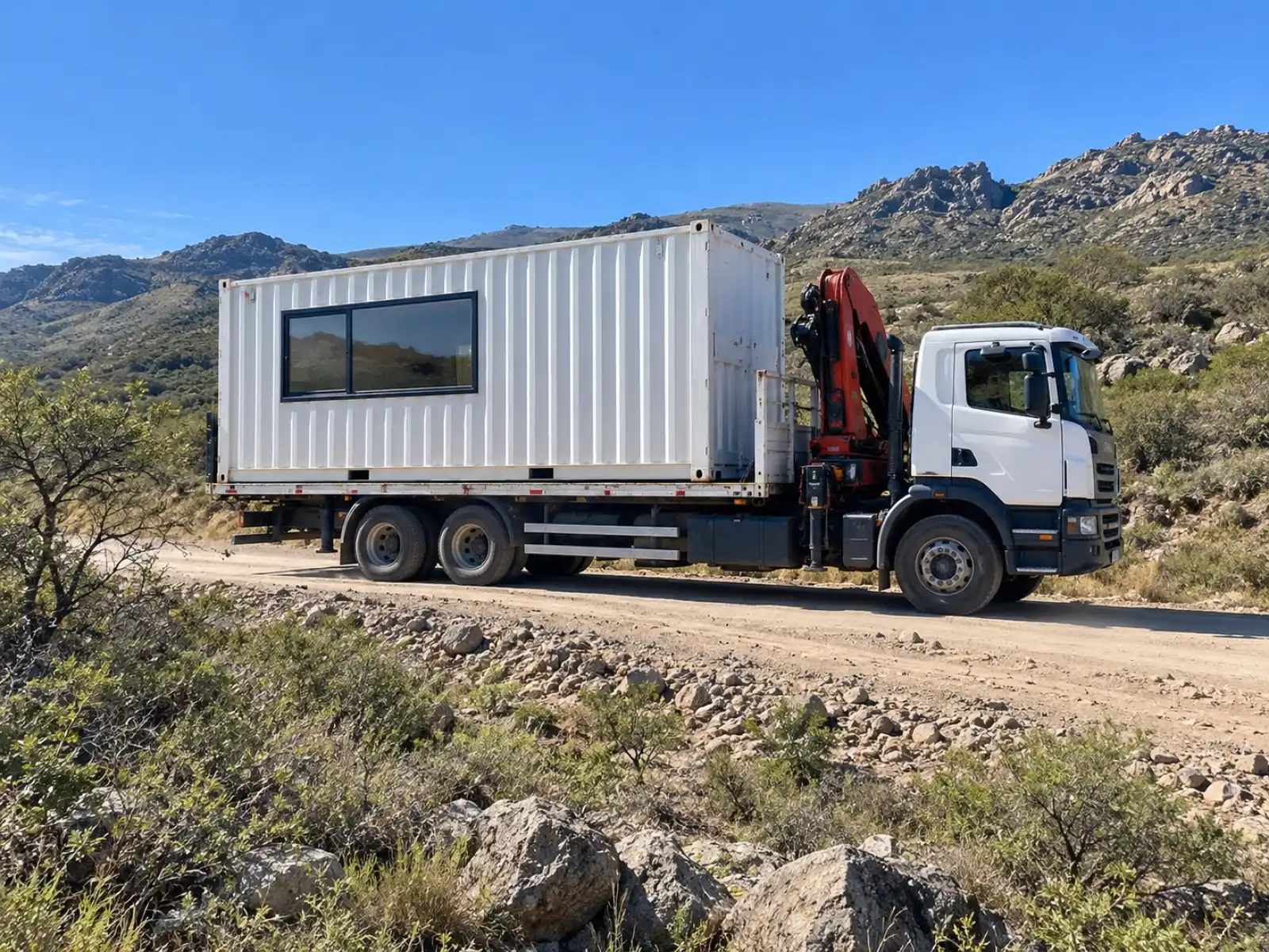 Camión con hidrogrúa llevando un contenedor por un camino serrano de Punilla