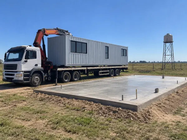 Camión con hidrogrúa junto a una platea lista en un lote de Córdoba