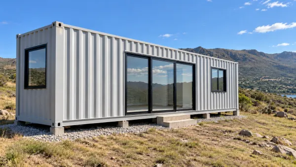 Casa container gris con ventanales negros en un lote de las sierras de Córdoba