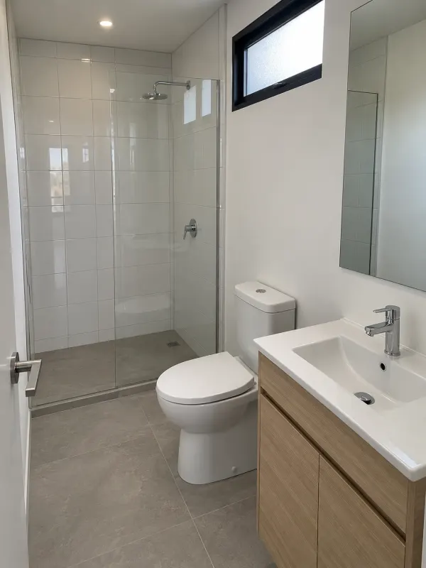 Baño terminado dentro de una casa container en Calamuchita