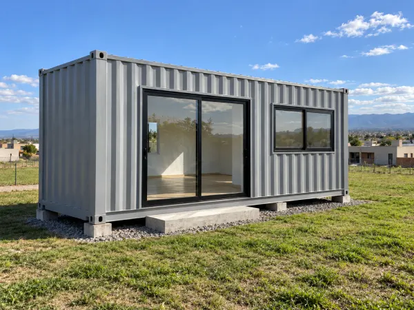 Casa container de 20 pies gris claro sobre dados en un lote de Córdoba