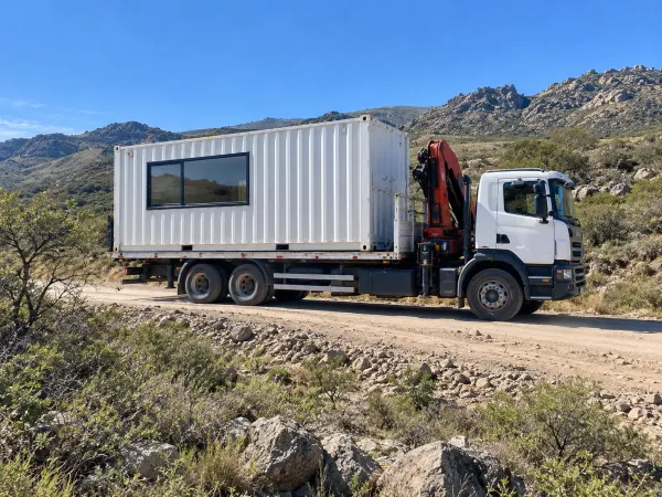 Camión con hidrogrúa llevando un contenedor por un camino serrano de Punilla